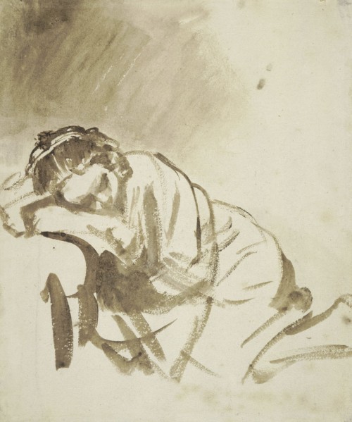 Rembrandt. A young woman sleeping (Hendrickje Stoffels), about 1654. Brush and brown wash, with white bodycolour; ruled framing lines in pen and brown ink, 24.6 x 20.3 cm. The British Museum, London. © The Trustees of The British Museum.